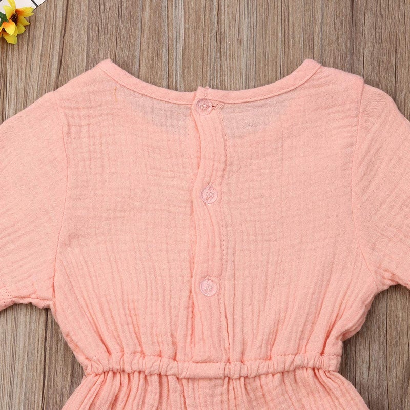 Mubineo Toddler Baby Girl Summer Fall Basic Plain Short Sleeve Cotton Linen Drawstring Romper Jumpsuit (Peach Pink, 2-3T) - Image 5